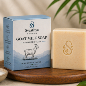 Handmade goat milk soap by Svasthya Naturals in skin-tone color with natural ingredients for soft and moisturized skin