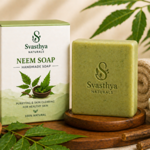 Handmade neem soap by Svasthya Naturals with natural neem extracts for acne control and clear healthy skin