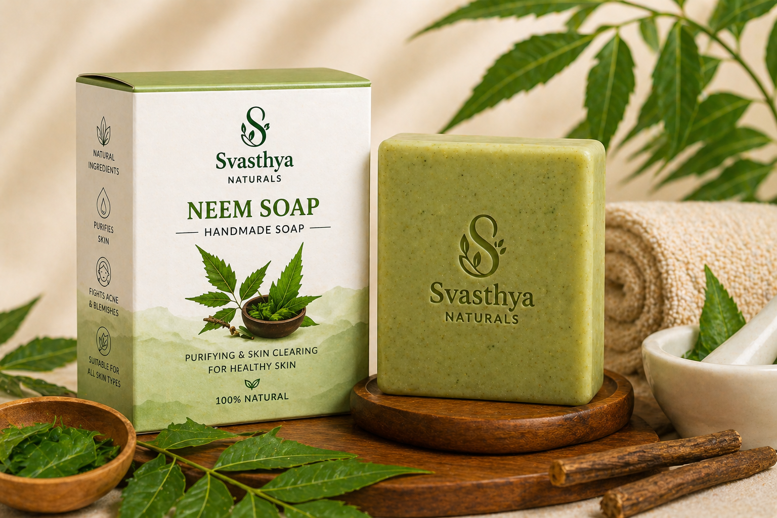 Handmade neem soap by Svasthya Naturals with natural neem extracts for acne control and clear healthy skin