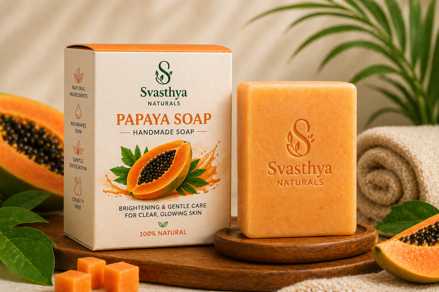 Handmade papaya soap by Svasthya Naturals with natural extracts for brighter, smooth and glowing skin