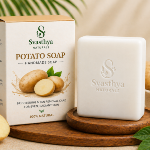 Handmade potato soap by Svasthya Naturals in white color for tan removal and brighter even skin tone