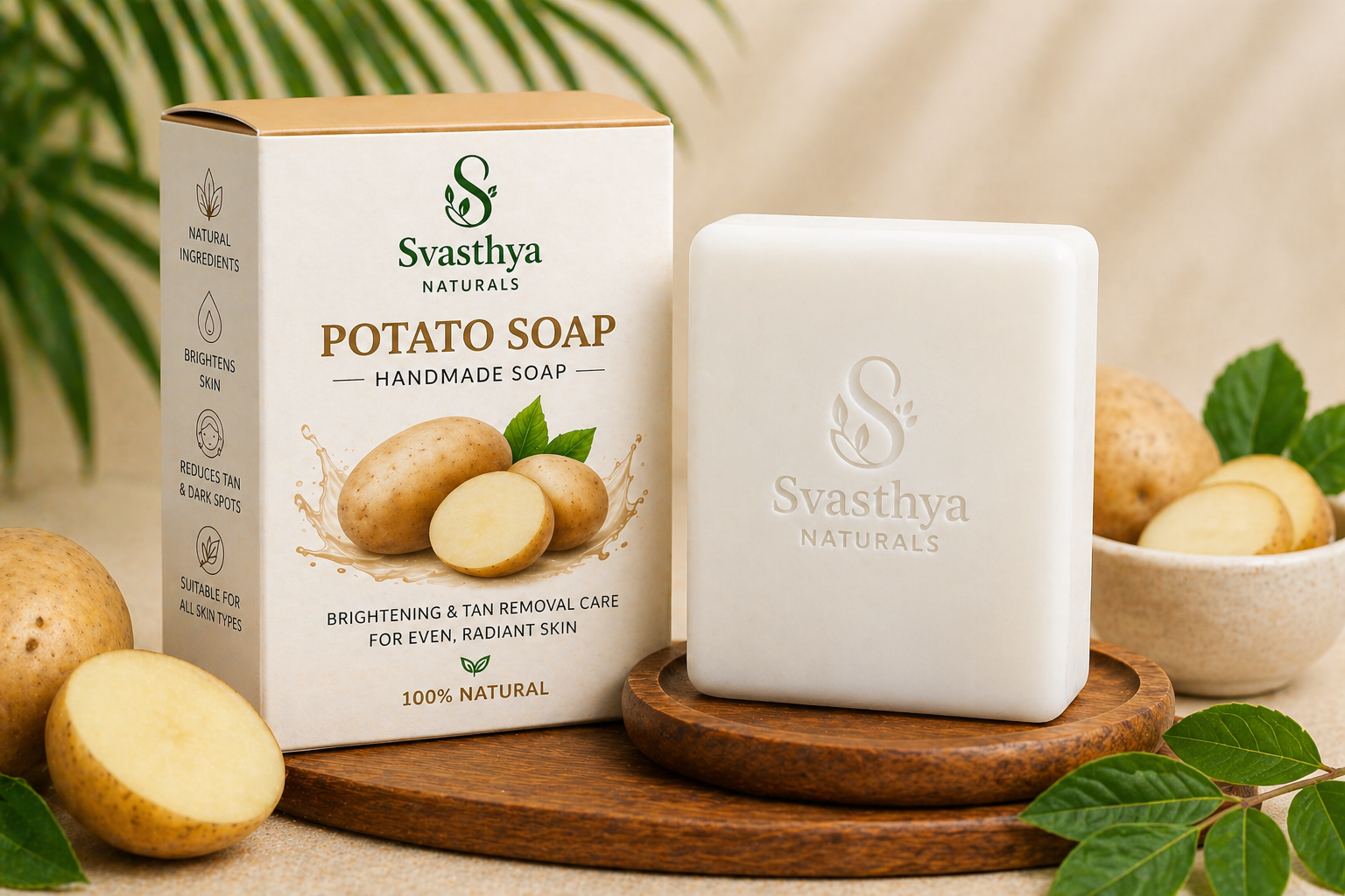Handmade potato soap by Svasthya Naturals in white color for tan removal and brighter even skin tone