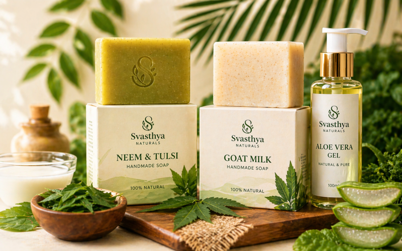 Svasthya Naturals herbal skincare products neem tulsi soap goat milk soap aloe vera gel